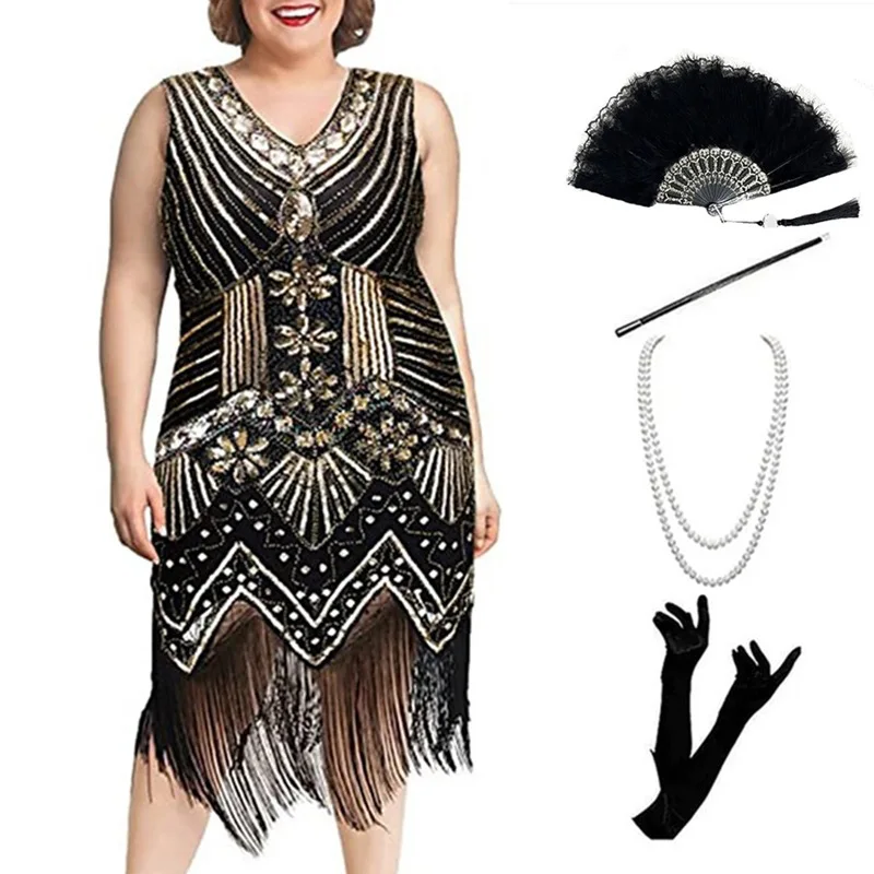Large Size Women's Ensemble 920s Retro Sequin Par Dinner V-ne Tassel Dr Bead Sequin Summer New Arrival