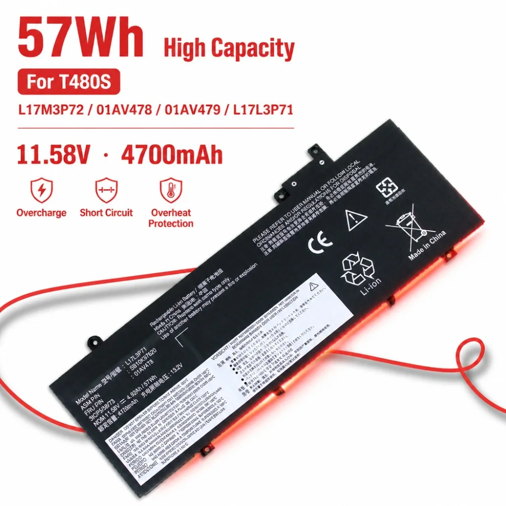 11.58V 4700mAh 57Wh For Lenovo ThinkPad T480S L17M3P72 01AV478/479 L17L3P71 Battery High Quality Laptop Replacement