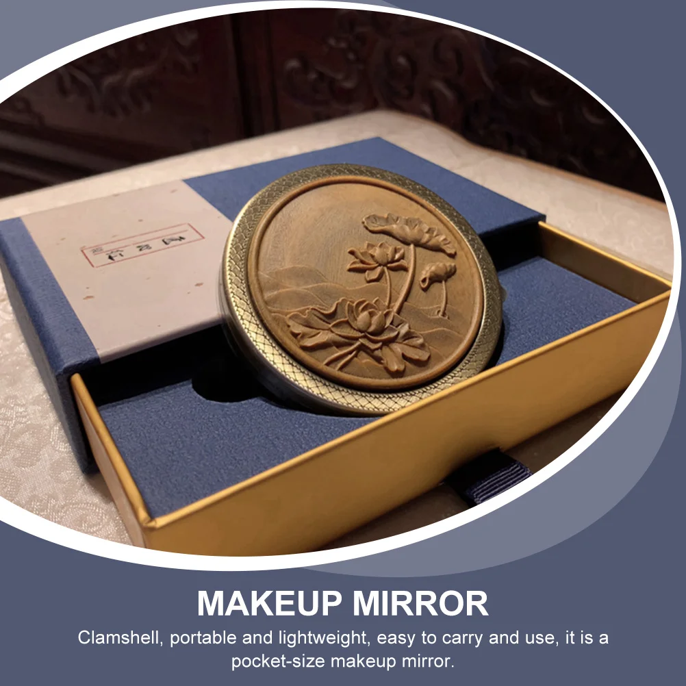 Vanity Mirror Portable Ancient Style Travel Makeup Use Vintage Double Sided Compact Glass Wood Mother Hand Held