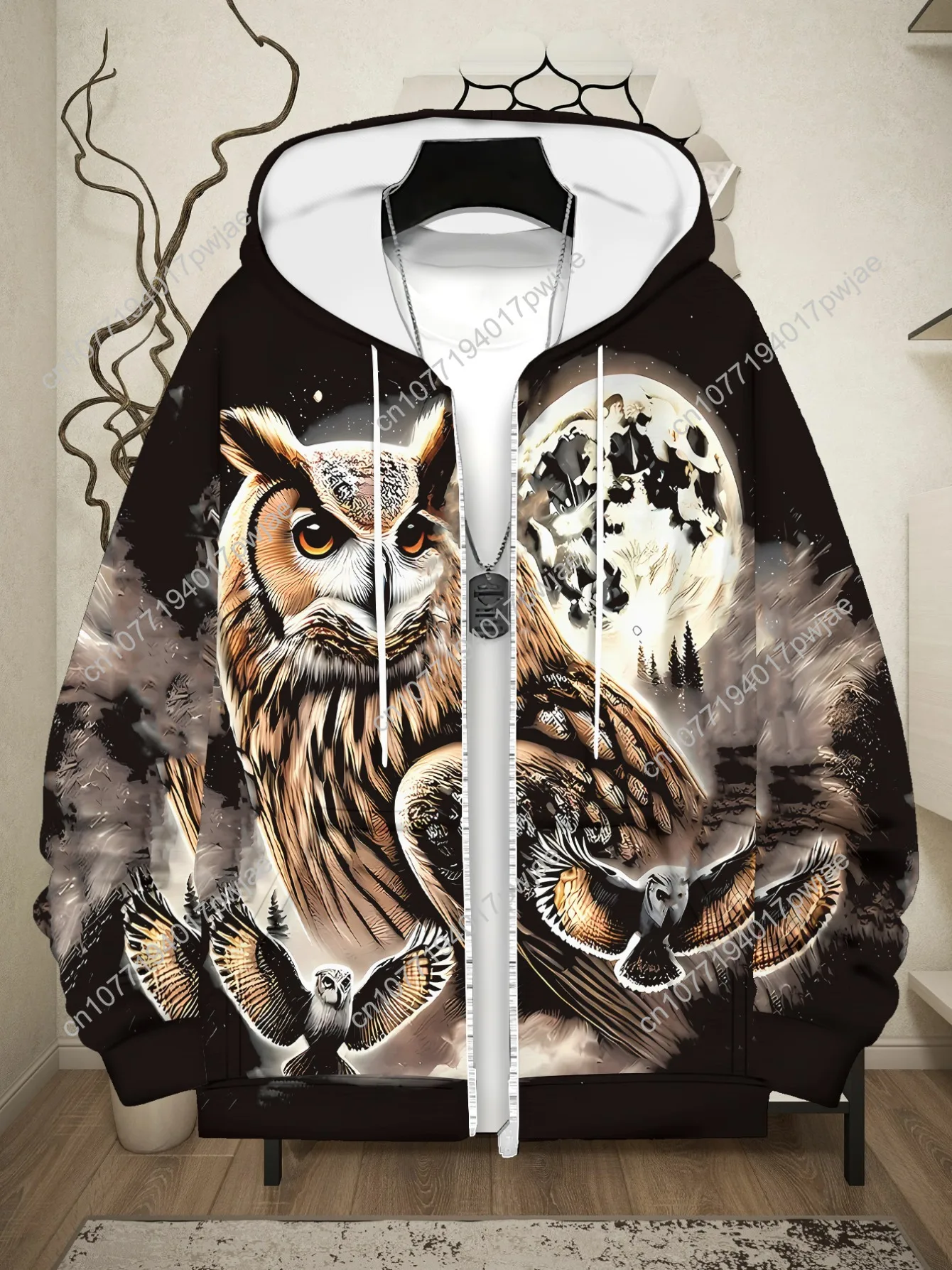 Abbigliamento sportivo da uomo con cappuccio a maniche lunghe con cerniera Felpa con cappuccio con stampa gufo per abbigliamento da soggiorno, tessuto morbido in poliestere, Sw leggero e resistente