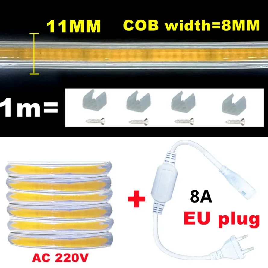 220V COB LED Strip Light EU Power Plug IP67 Buckle fixation LED Strip lamp Flexible COB Linear Light Bar 3000K 4000K 6000K 1-21m