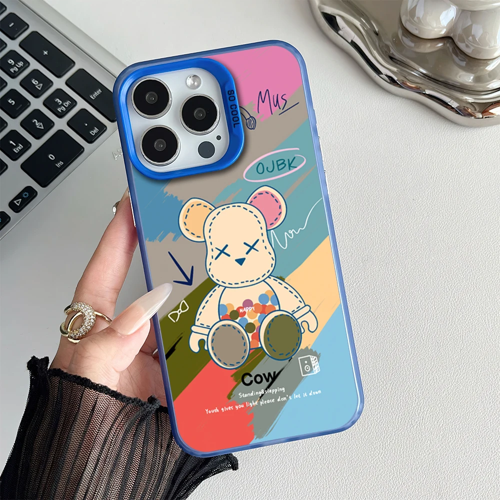 Cool Bear Happy FashionInspirational Phone Case for iPhone 16 12 13 14 15 11 Max Pro Plus Laser IMD Color Shell