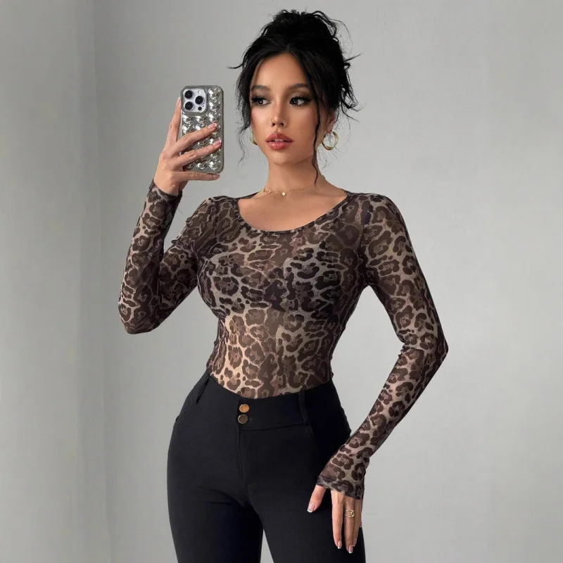 

Trendy New Hot Selling Fashion2025Summer New Women's Fashion Transparent Leopard Print Mesh Round Neck Long Sleeve Slim FitTT-sh
