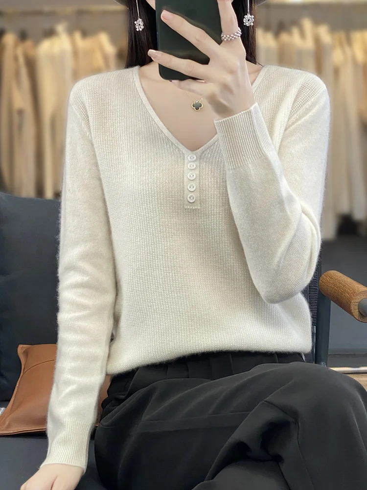 

Soft Cozy Women's Knitted Sweater V-Ne Long Sve Loose Fit Autumn Winter New Arrival Comfortable Warm Pure Color Commute ...