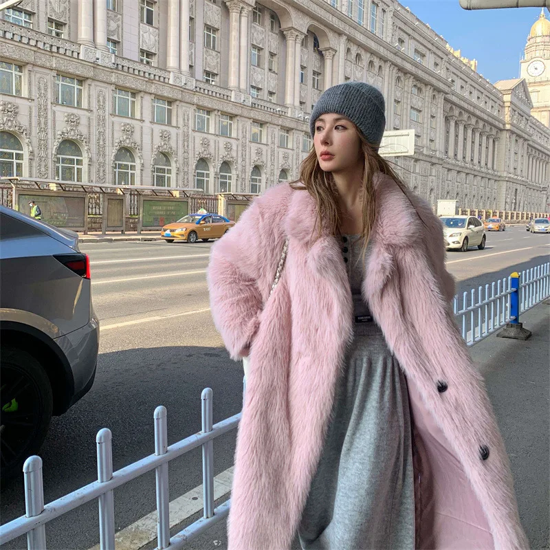 

Pink Loose Faux Fur Coat Women Korean Version Large Lapel Long Section Autumn Winter Fox Fur Coat Fluffy Warm Light Luxury Soft