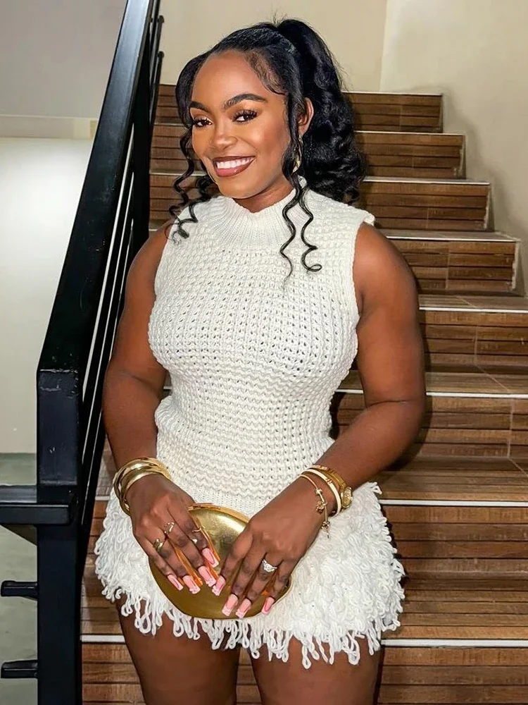 CPSYMYM 奇妙な猫かぎ針編みドレス女性のセクシーなシックな Y2K 夏トレンドタッセル裾ノースリーブストレッチファッションビーチ休暇クラブウェア