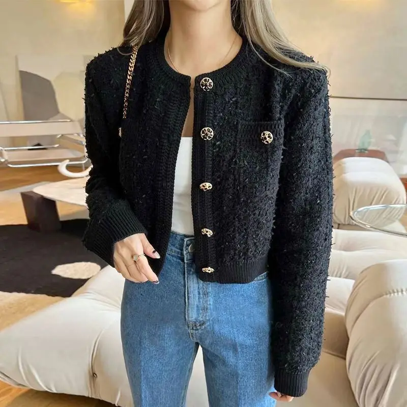 

Korean Chic Autumn Temperament Round Neck Chic Button Loose Casual Versatile Short Knitted Jacket for Women