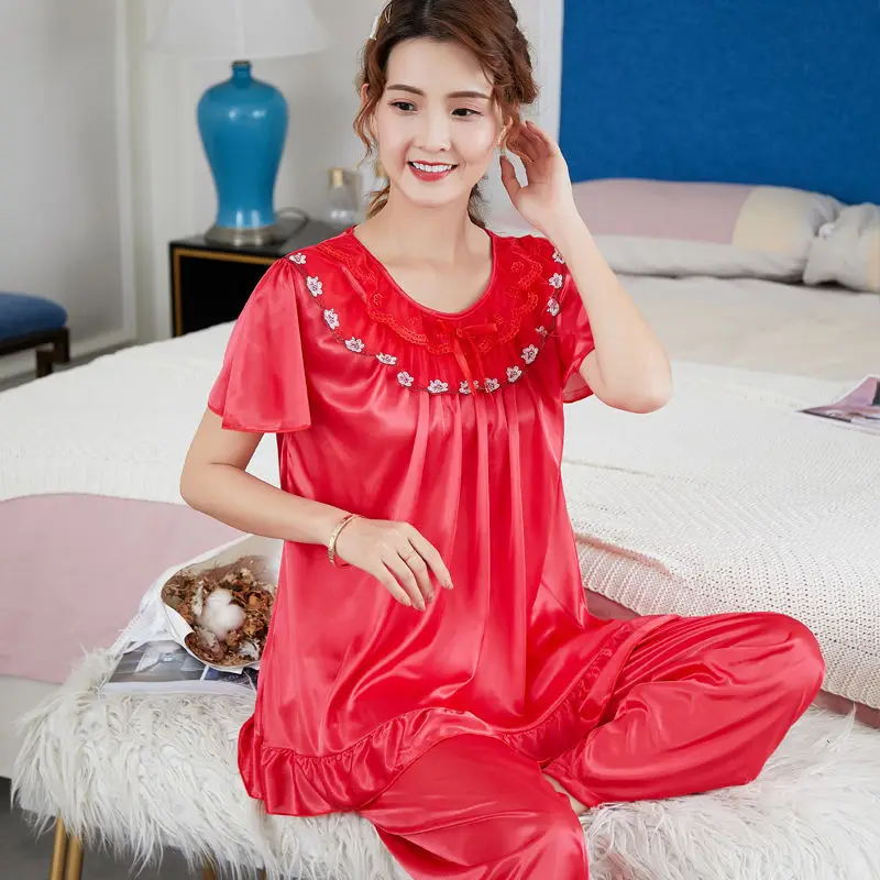 Luxuriöses Satin-Pyjama-Set, einfarbig, kurzärmeliges Oberteil und elastische Unterseite, bequeme, entspannte Passform, Damen-Loungewear und Nachtwäsche – Detail 8