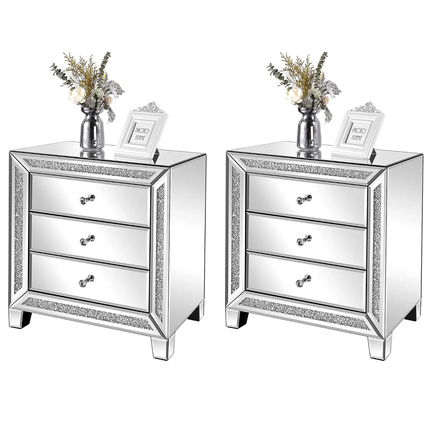 Mirrored Nightstand Set of 2, 3 Drawer Glass Bedside Table Silver Side End Table for Bedroom, 23
