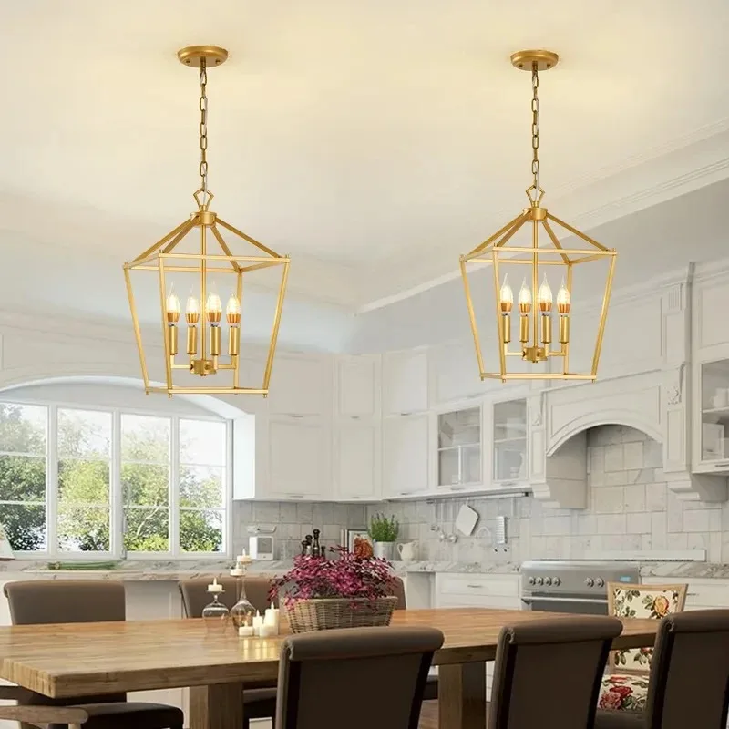 

Vintage Gold Iron Cage Pendant Lighting Fixture For Dining Room Living Room Island Hallway Entryway Home Ceiling Chandelier Lamp