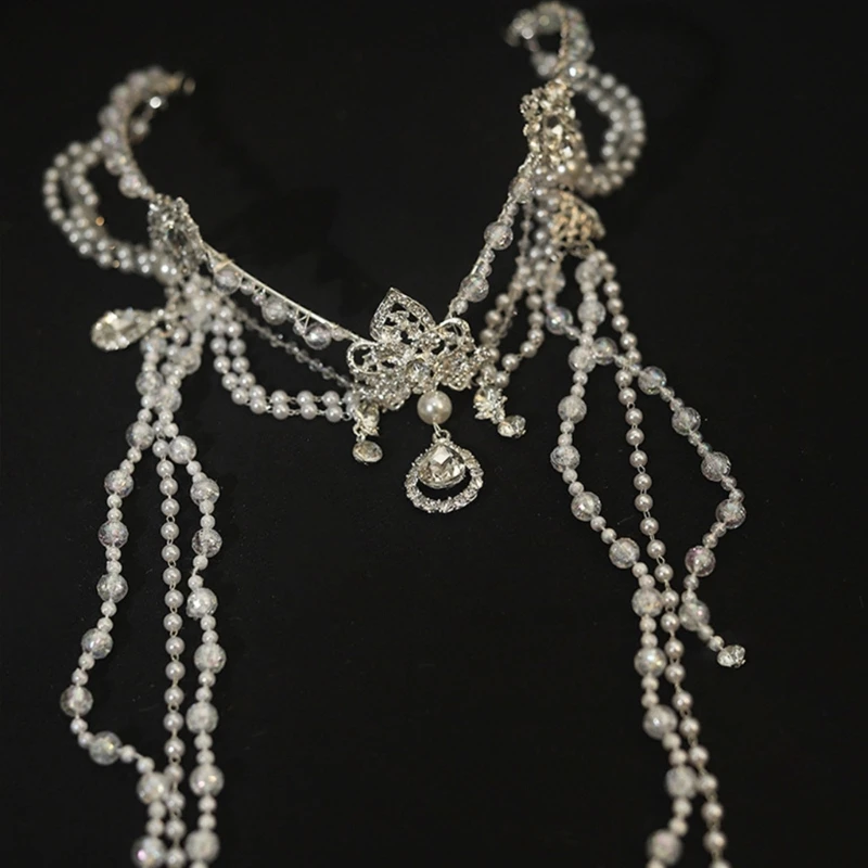 Rhinestones Beaded Headbands Bride Hairchain Elegant Fringed Crownpiece Headchain 97QE