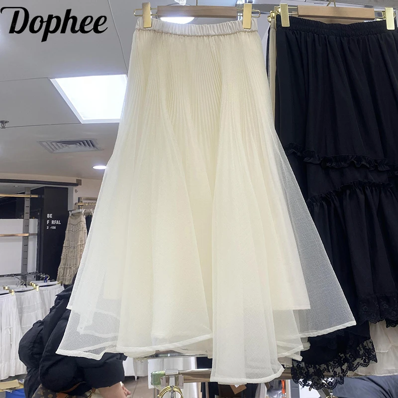 Dophee 2025 New Spring Super Fairy Irregular Gauze Skirt All-match Elegant Elastic Waist Mid-length Skirt Women A-line Skirt