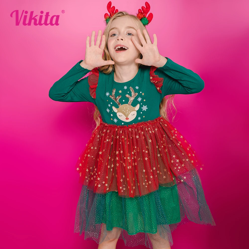 Vikita meninas natal ano novo vestidos crianças elk flocos de neve impressão manga longa outono inverno princesa bonito moda vestido 3-12 anos