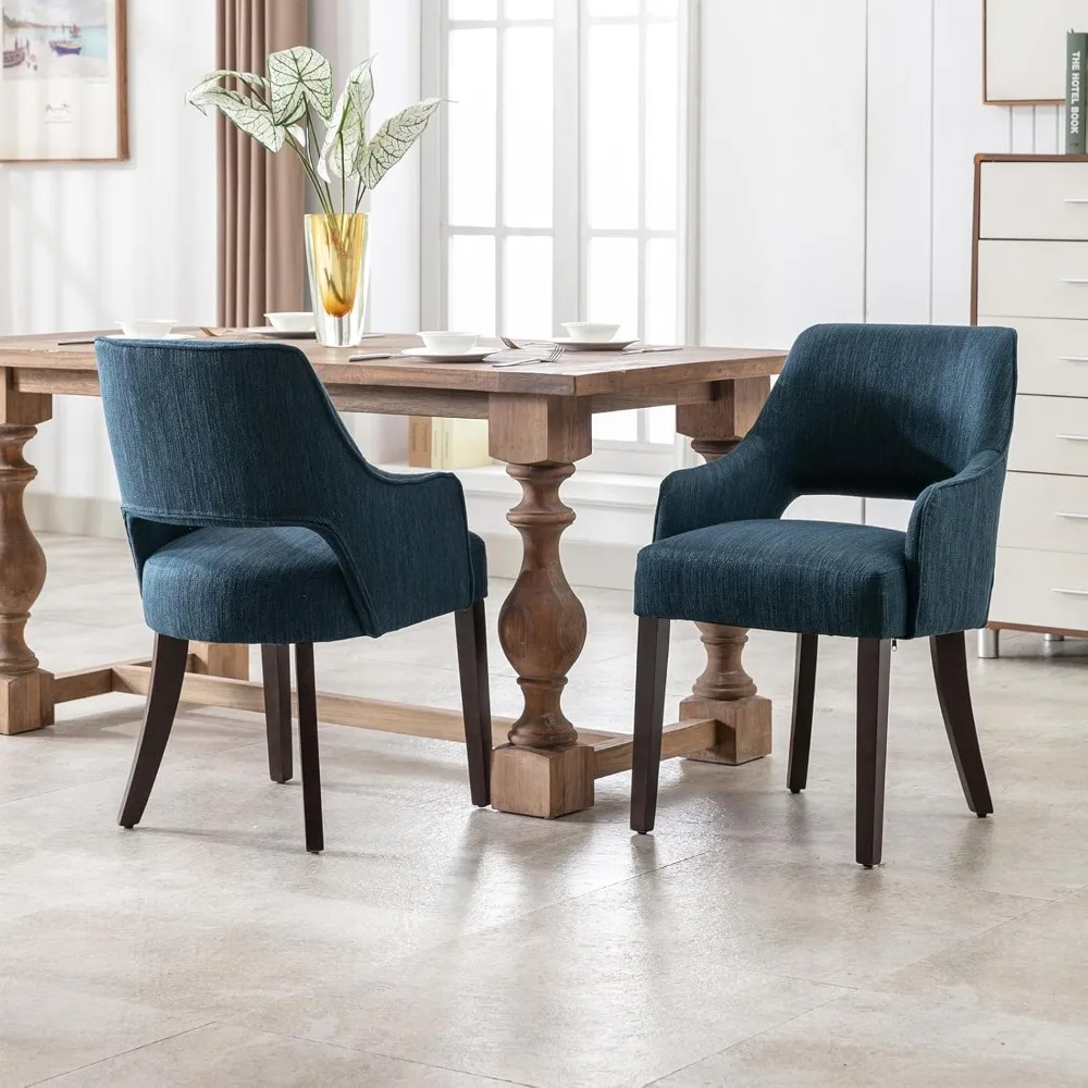 Modern Dining Chairs Upholstered Linen Accent Side Chair with Mid Open Back & Wood Legs, Arm Chair for Home Kitchen