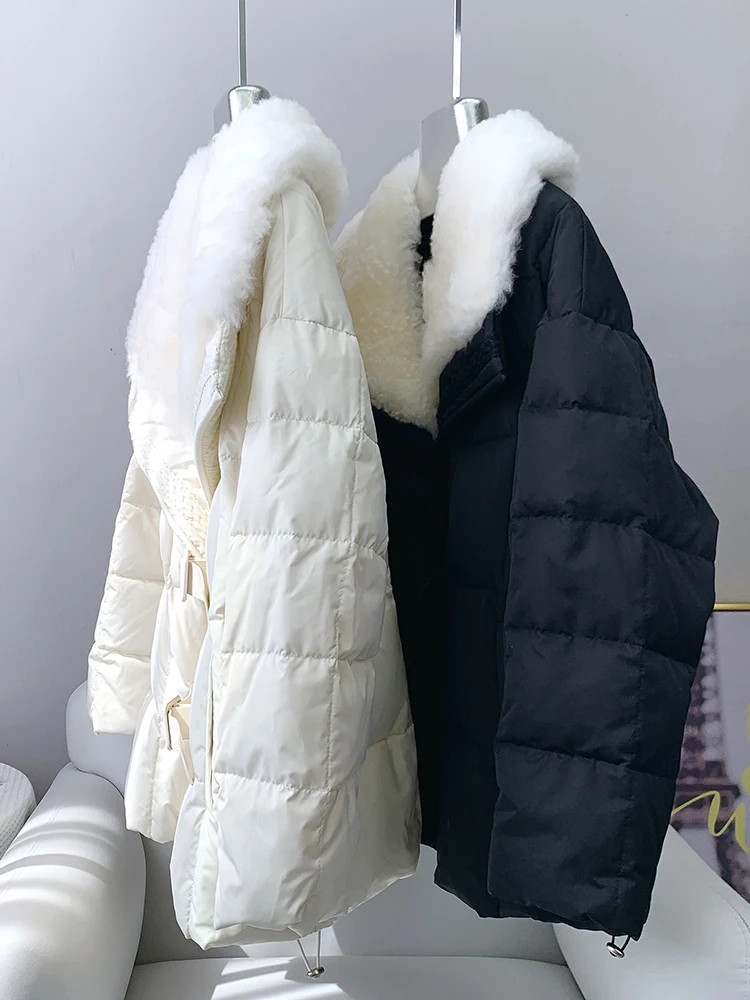 Natural Sheepskin Fur Collar Women Winter Goose Down Jacket Sweet Style Luxury Female Coats Streetwear