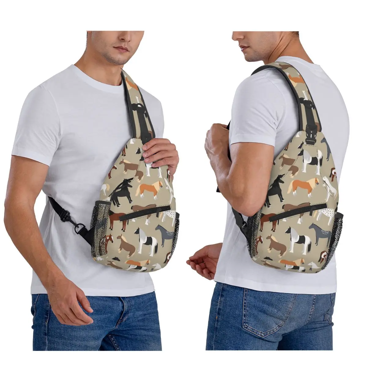 Horse Breeds Pattern Chest Bag Men Sling Crossbody Backpack Chest Bag Travel Hiking Daypack Shoulder Bag