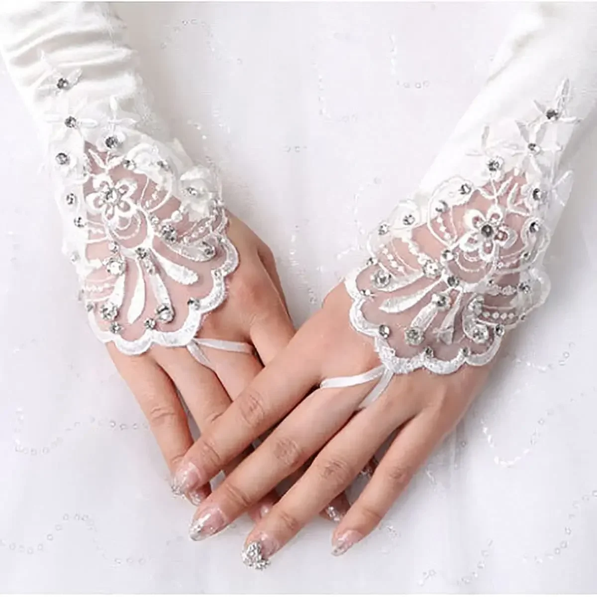 Guantes de boda largos para mujer, encaje sin dedos de color marfil, lazo de cristal nupcial, flor para novia, diamantes de imitación