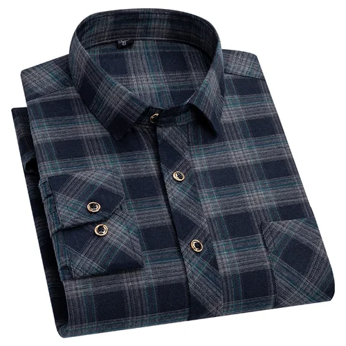 Imagen 2 del producto Camisas de franela de algodón puro para hombre, Blusa de manga larga con un solo bolsillo, informal, a cuadros, gruesa, suave y acogedora, cepillada, M-6XL