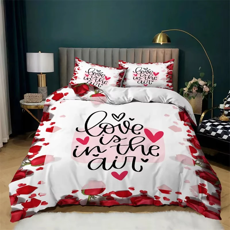 Love Heart Duvet Cover Set Microfiber Bear Comforter Cover Soft Romantic Bedding Sets Valentine\'s Day For Girls Women Room Decor
