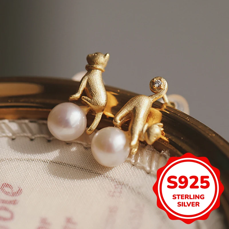 

s925 sterling silver fun cat imitation pearl earrings for women light luxury retro fashion simple trend classic elegant daily li