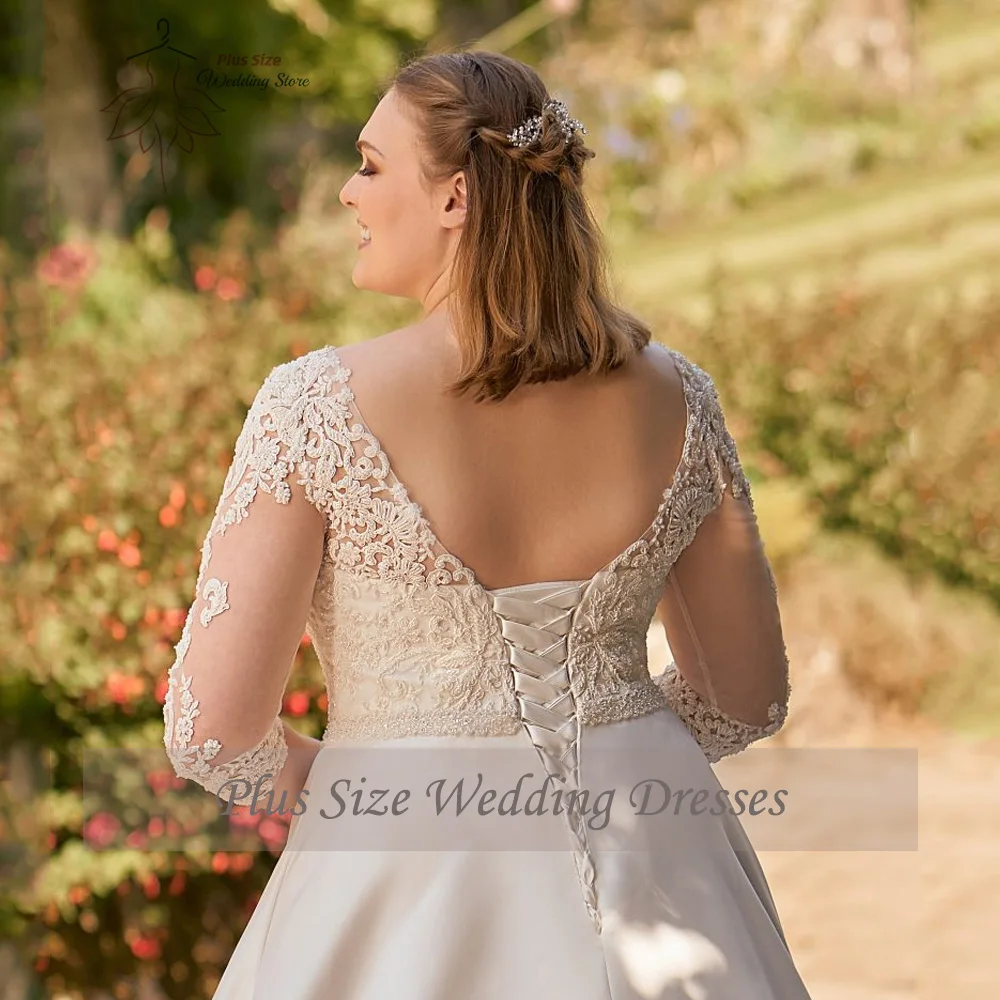 Vestidos De novia clásicos con cuello en V, mangas 2023, apliques De encaje en la espalda, línea A, satén, 3/4