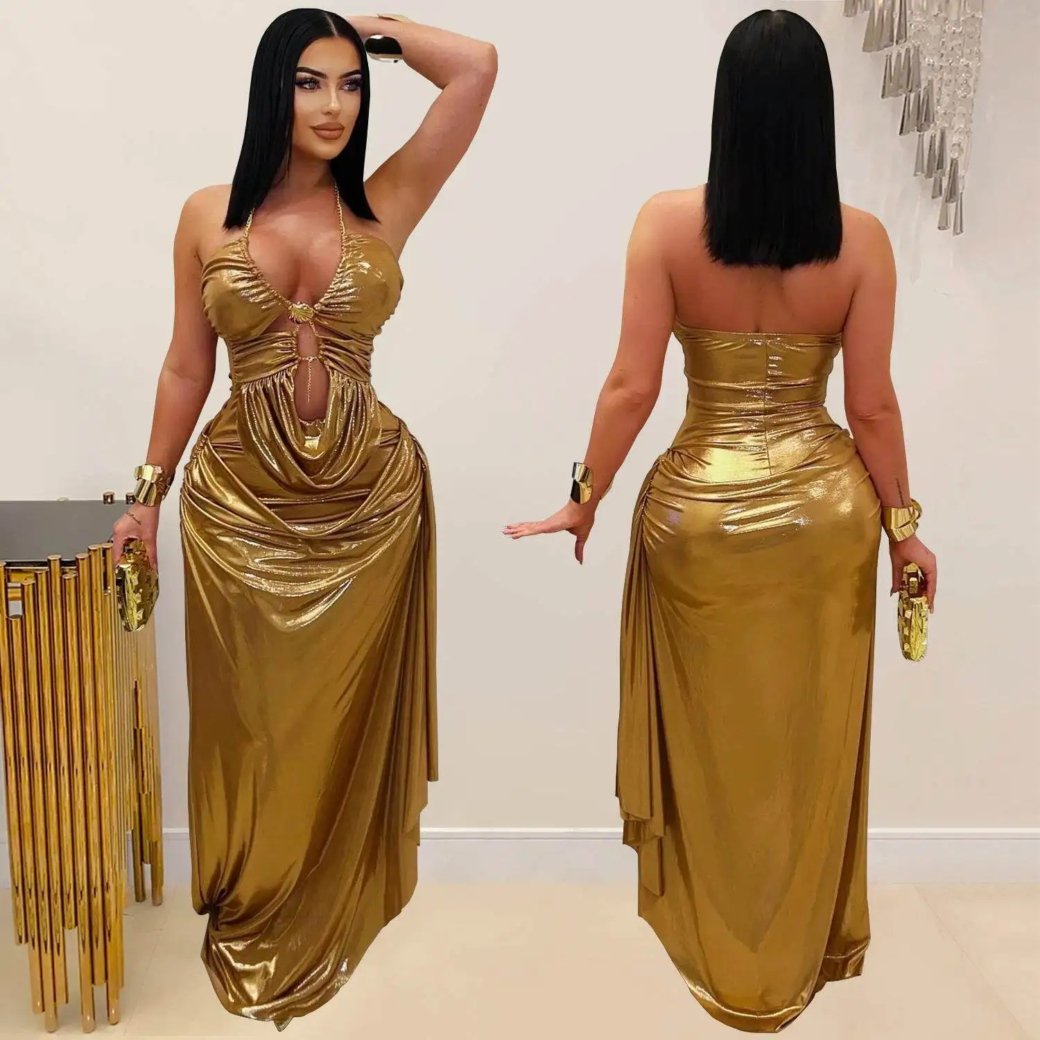Fashionable Sexy Off-Shoulder Pleated Sleeveless Women's Dress Gold Chain Strap Cross-Border Autumn Season Chinese Origin