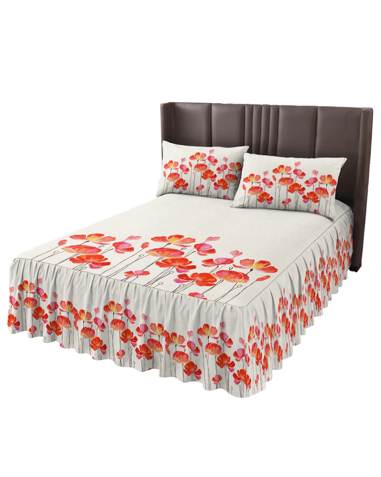 Red Watercolor Poppies Bed Skirt Elastic Fitted Bedspread With Pillowcases Bed Protector Mattress Cover Bedding Set Bed Sheet