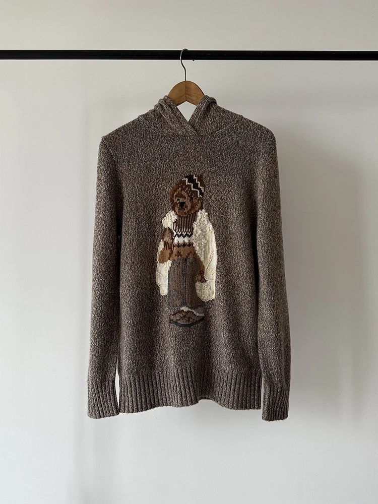 

Классический американский ретро-свитер с медведем, вязаный, свободного кроя, женская одежда, разные цвета, дизайн с капюшоном, теплый, из смесовой шерсти