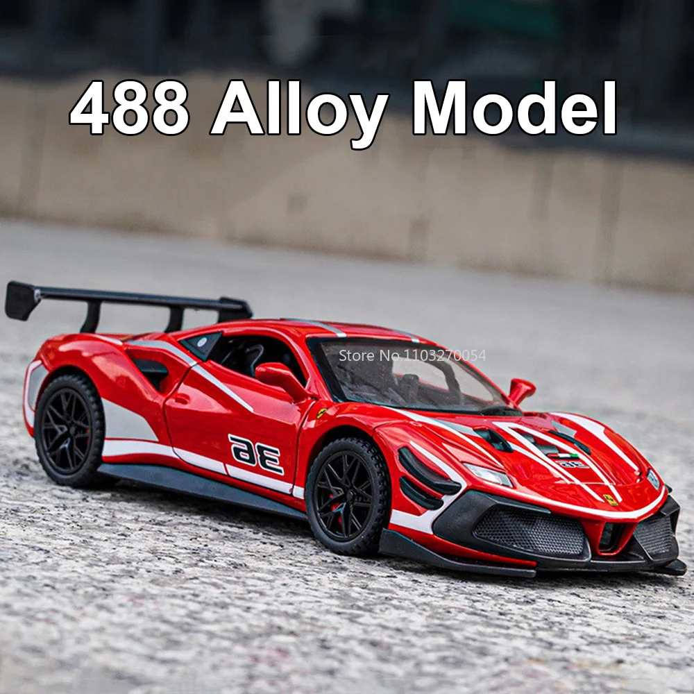 1/32 488 Sports Car Alloy Racing Car Model Toys Diecast Metal Simulation Sound And Light Pull Back Vehicle Collection Child Gift