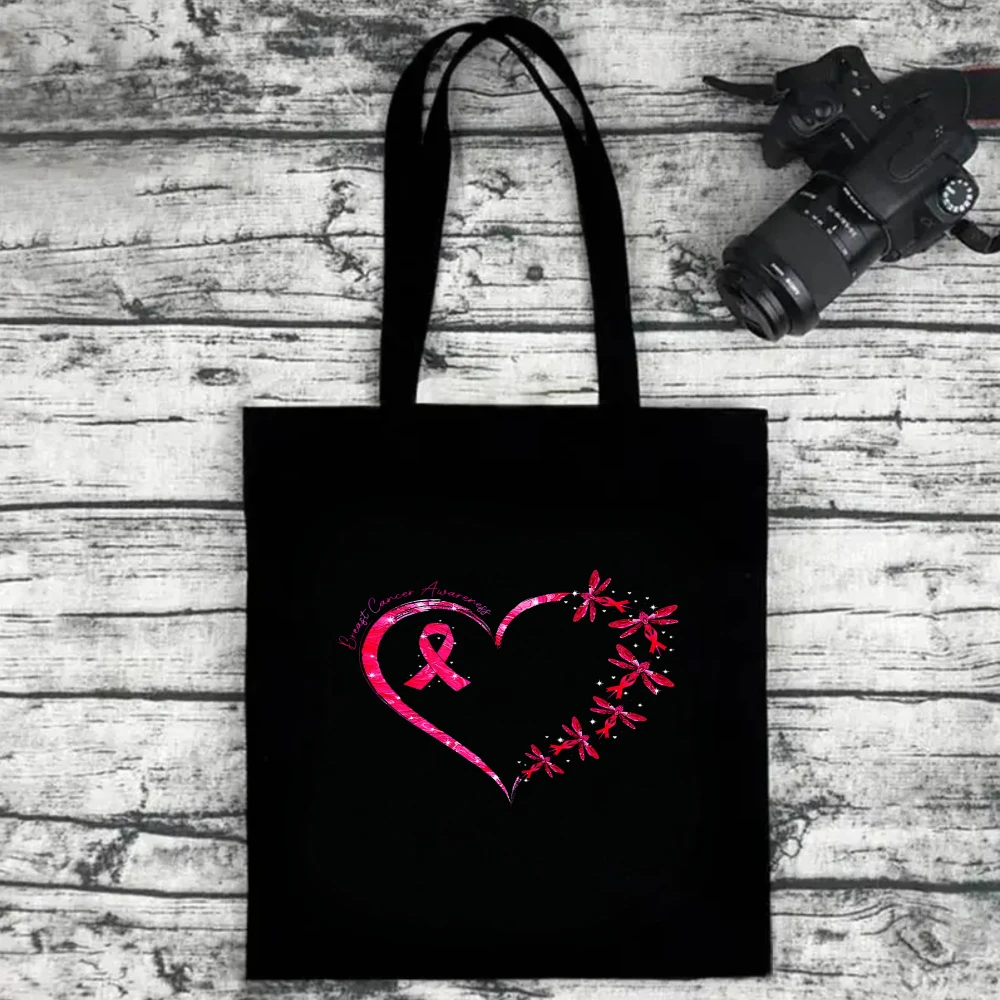 

Breast Cancer Awareness Ribbon Canvas Tote Bag, Pink Dragonfly Heart Shoulder Bag for Support