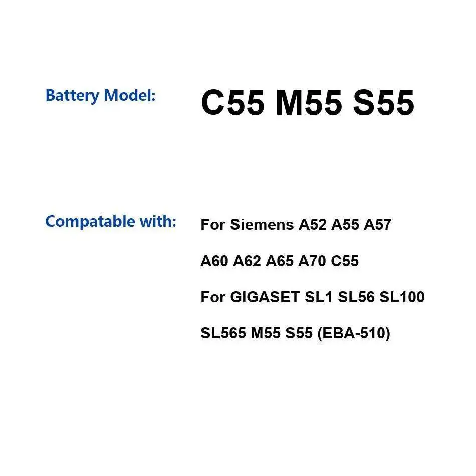 

Аккумулятор для мобильного телефона C55 M55 S55 900 мАч для Siemens A52 A55 A57 A60 A62 A65 A70 Gigaset SL1 SL56 SL100 SL565 Eba-510