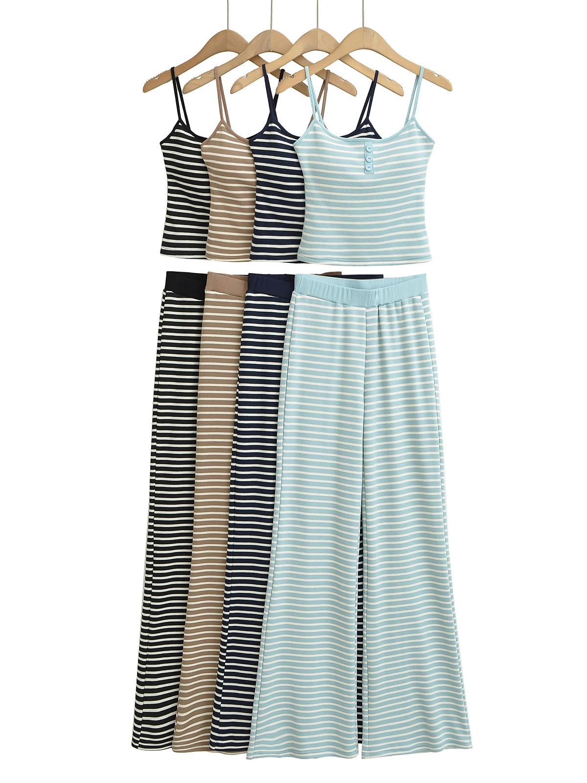 Women's Faion High Waist Stripe Vest Top with Chest Pad Casual Pants Two-Piece Set Cotton ort Sve round Ne Suit