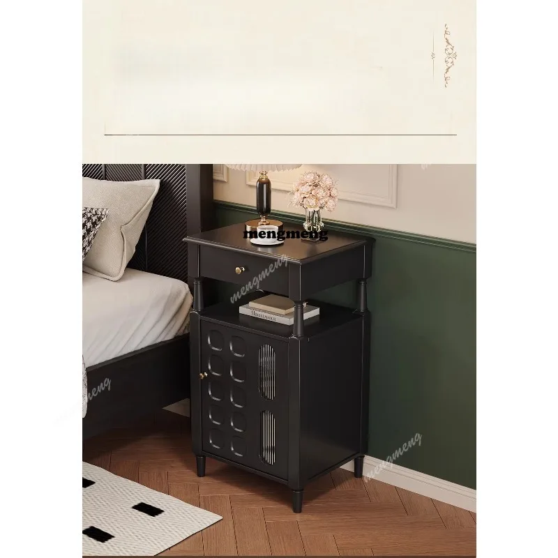 French integrated bedside table with safe, bedroom bedside chest, retro black solid wood small side cabinet
