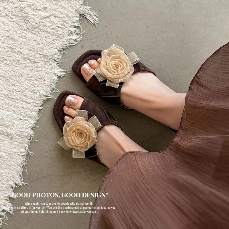 2026 new summer women sandals natural leather plus size 22-24.5cm kid suede+pigskin+flannel flower mules women slippers fashion
