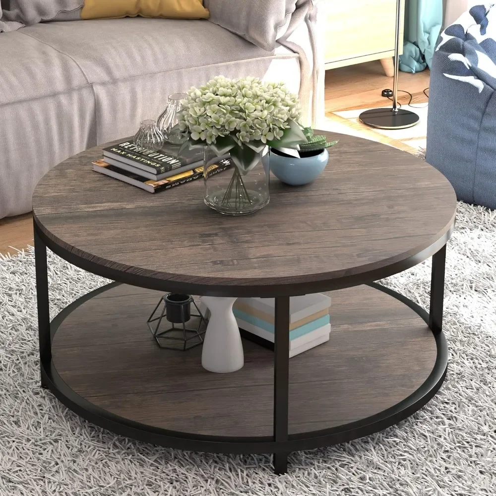 Table Basse Ronde de 36 Pouces pour le Salon, Bureau en Bois Rustique à 2 Niveaux avec Étagère de Rangement, Mobilier de Maison au Design Moderne