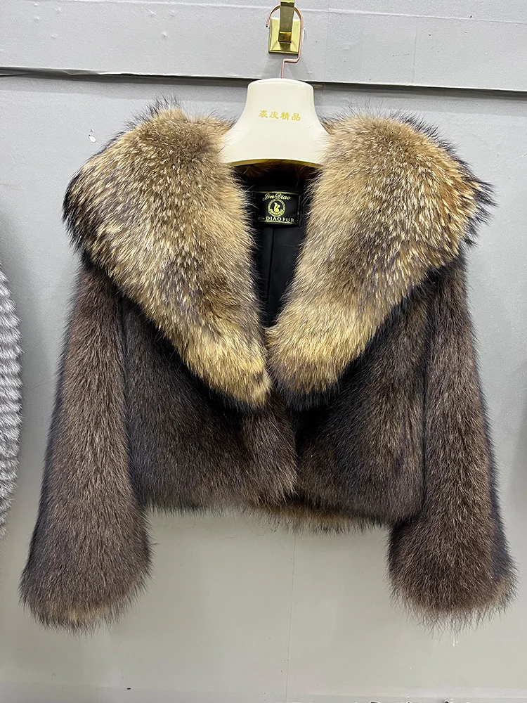 

2026 New Fashion Natural Real Raccoon Fur Coats For Women Luxury Fluffy Whole Skin Jacket Long Sleeve Female