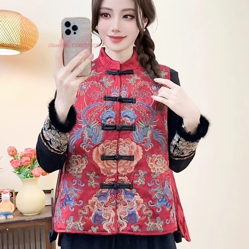 

2025 китайский винтажный атласный жаккардовый жилет с хлопковой подкладкой, традиционный жилет с цветочной вышивкой и воротником-стойкой, ретро куртка без рукавов
