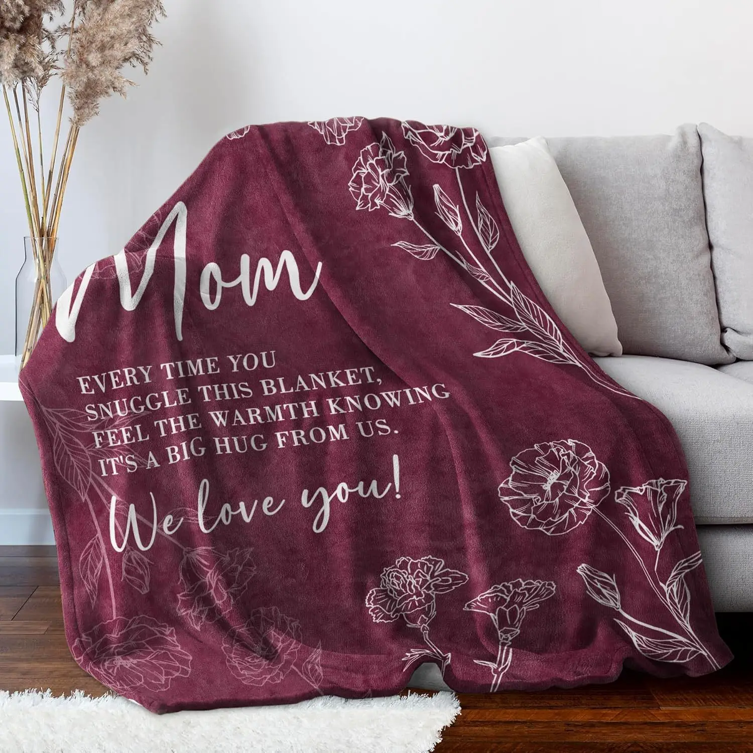 A Cozy Blanket Featuring a Wine Red Backdrop Adorned with a White Floral Design, Perfect As a Birthday Present for Mothers, Daug