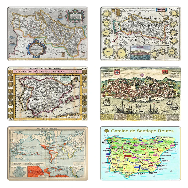 Mapa de Camino de Santiago Rutas en España y Portugal Mapa vintage de Portugal 1579 Diseño de metal Cine Mural Cartel de chapa Póster