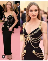 Crystals Black Evening Dress Golden Metal Chains Designer Sexy Sleeveless Maxi Long Prom Dresses Celebrity Cocktail Robe