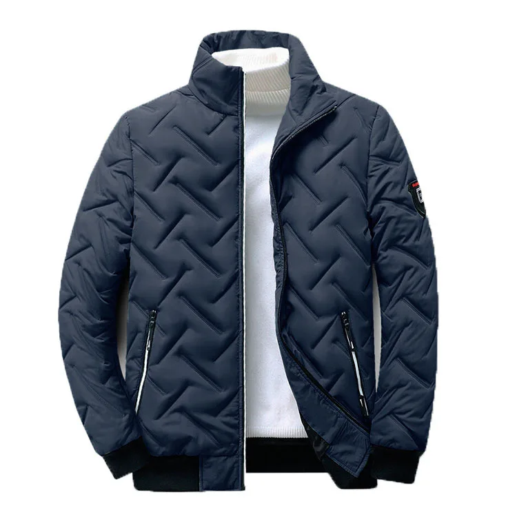 Winter Korean Fashion Stand-up Collar Zipper Cotton-padded Jacket, Men's Casual Warm Solid Color Patchwork Cotton-padded Jacket