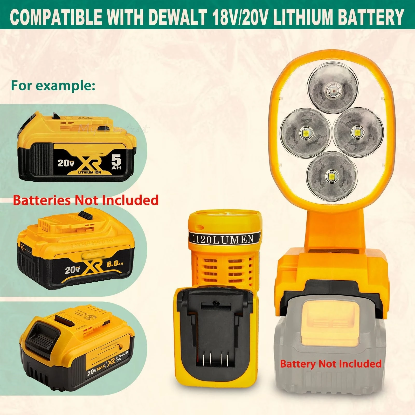 

Бескорудный портативный фонарь для Dewalt 18V 20V Макс батареи 1120LM светодиодный рабочий свет прожектор с USB-A / C 5V / 2.1A быстрая зарядка портов Красный и белый свет 4 режима 110 градусов поворотная голова для кемпинга гараж мастерская отключение эл