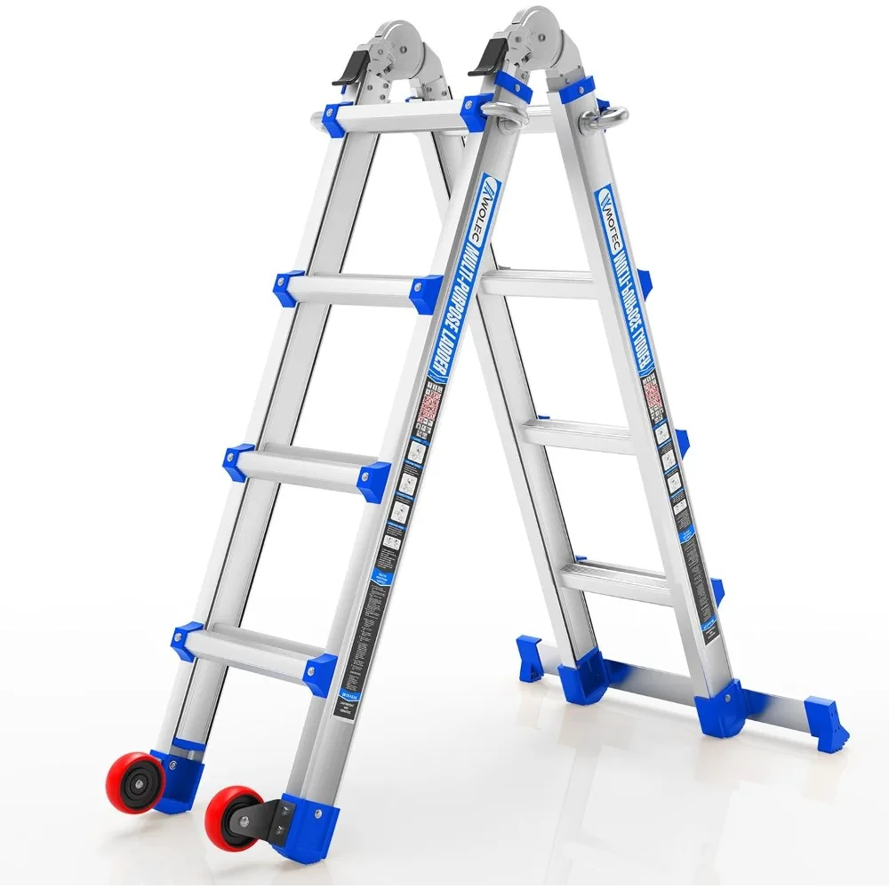 A-Frame Ladder with Wheels & Stabilizer Bar - 14FT Folding Extension Ladder, 330lb Security Load Multi Position Ladder