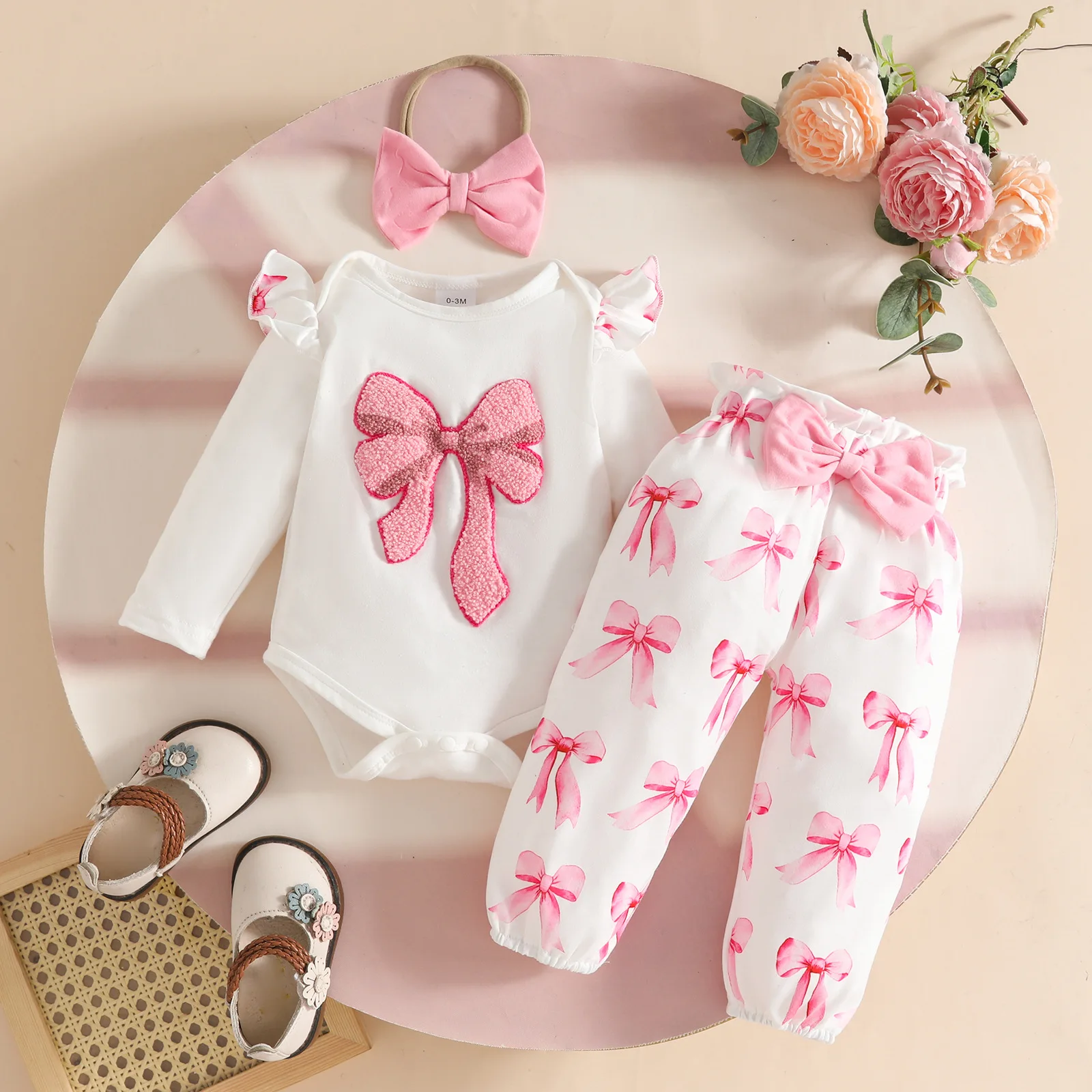 

Spring Baby Girls Fall Outfit Long Sleeve Embroidery Heart Romper Bow Print Pants Headband Clothing Infant Set