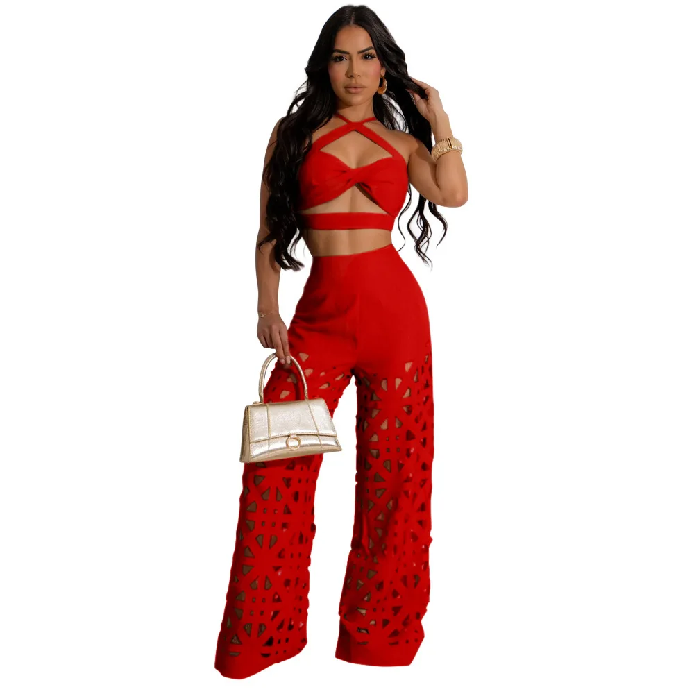 EINY Y2k Women\'s Set Halter Strapless Top+Hollow Out Wide Leg Pants Dresses Two Piece Set Beach Holiday Outfits Causal Tracksuit