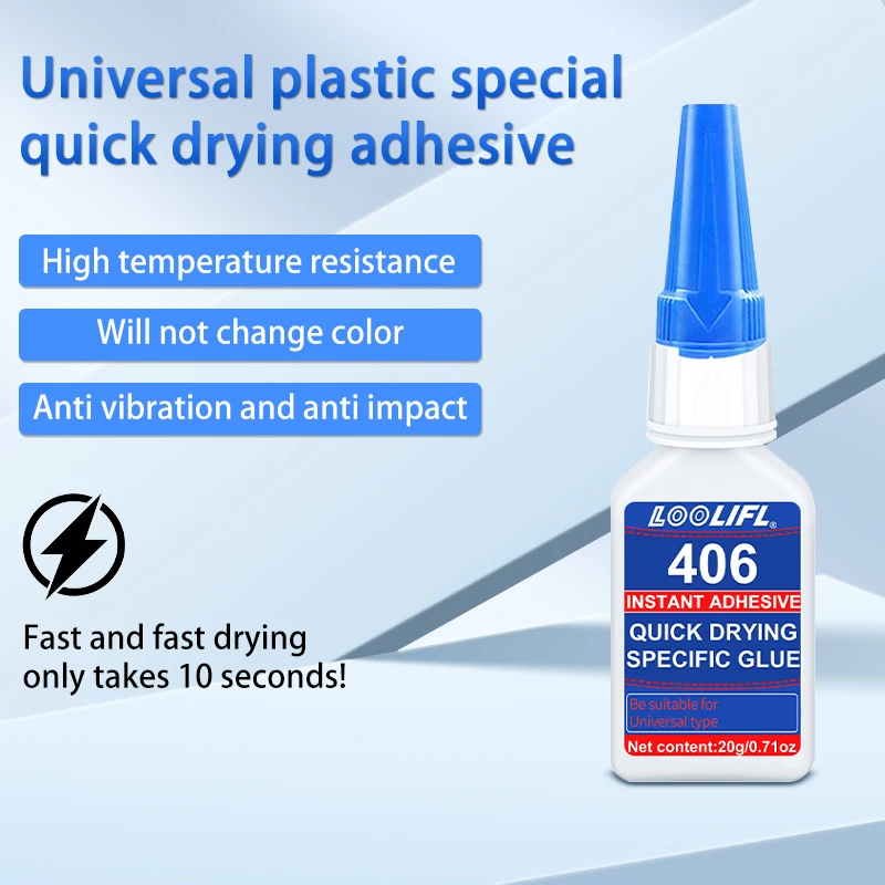 Adesivo novo e atualizado 406 Super Acrylate, secagem instantânea de 5 segundos, resistente à água, boa estabilidade, ferramenta de adesão completa. Adequado para madeira, plástico, cerâmica, metal, borracha, etc.