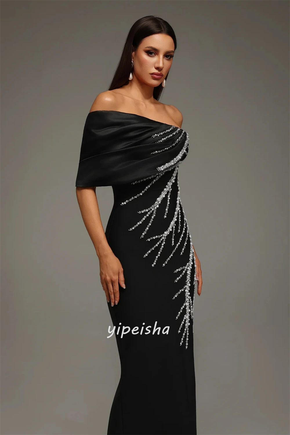 Personalizado estilo moderno sexy jérsei strass miçangas em linha reta fora do ombro tornozelo comprimento vestidos sob medida vestidos de ocasião