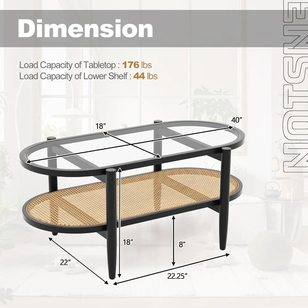 Two-Tier Oval Rattan Coffee Table with Tempered Glass Top and Storage Shelf, Boho Style Cocktail Table