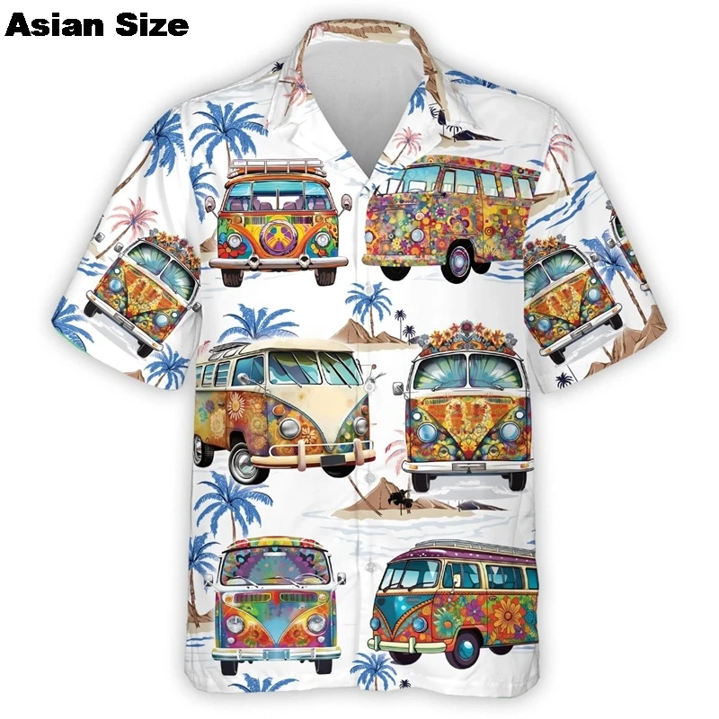 Colorful Hippie Bus Car Men's Summer Peace And Love Printed Button Soft Breathable Chest Pocket Casual Hawaiian Shirt Men Tops