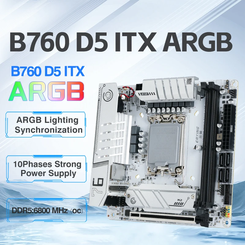 ERYING ITX B760i płyta główna do gier ARGB LGA 1700 115x rdzeń nośny 12/13/14th i9/i7/i5/i3/Pentium podwójny kanał DDR5 ramka biały